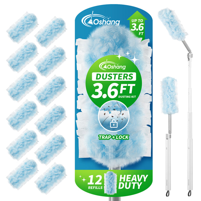 oshang Duster Heavy Duty 3.6 ft Extended Handle Dusting Kit - Multi-Surface Cleaning | Home, Office, Furniture, Ceiling Fan | Powerful Dust Removal | Feather Dusters (1 Duster + 12 Refills)